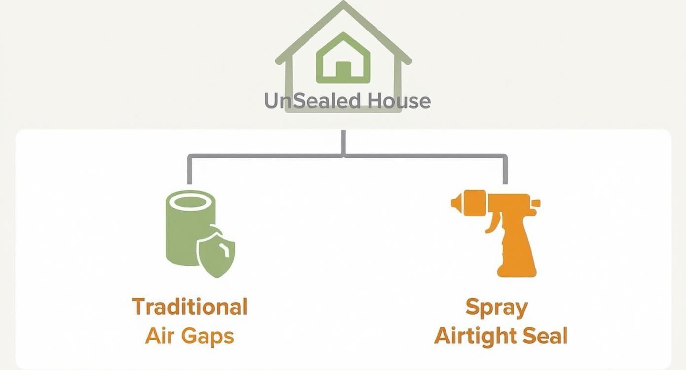 Diagram comparing traditional air gaps and spray airtight seal methods for an unsealed house.