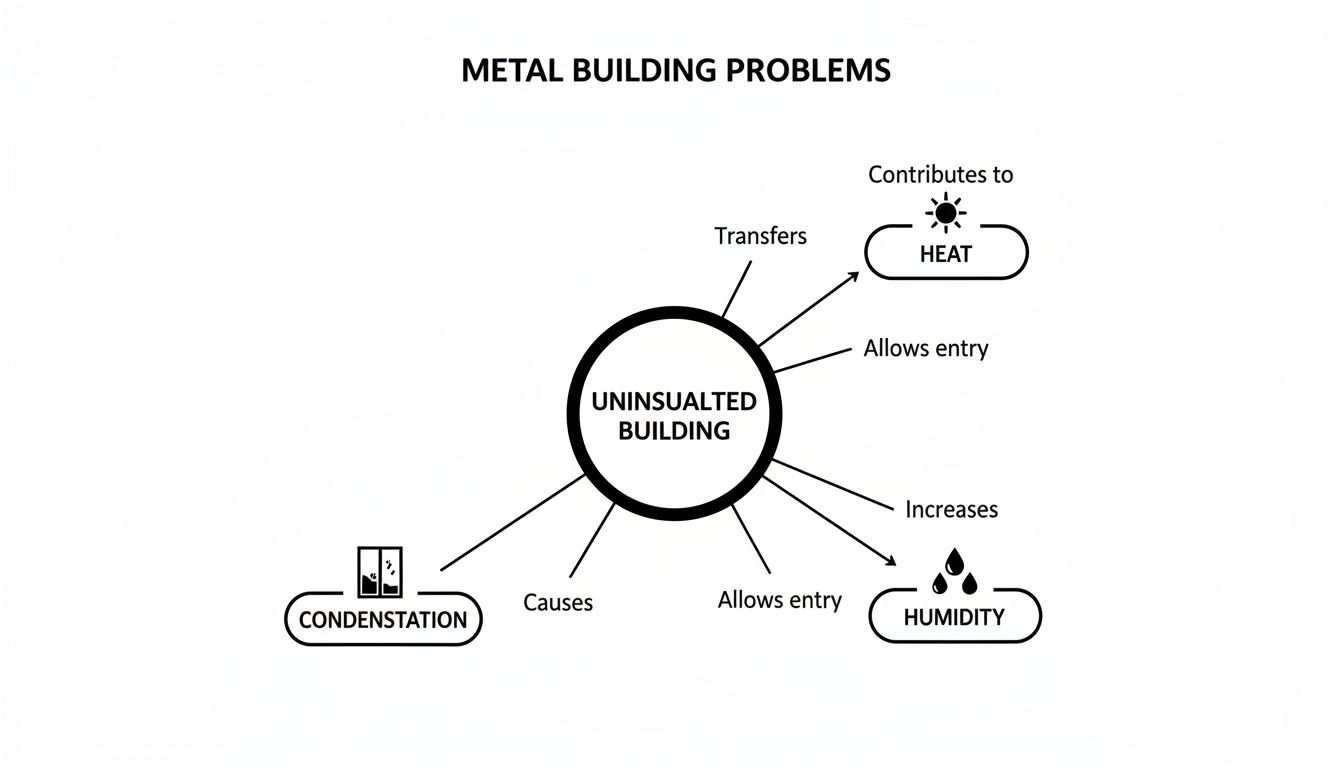 A mind map illustrating how an uninsulated building contributes to heat, increases humidity, and causes condensation.