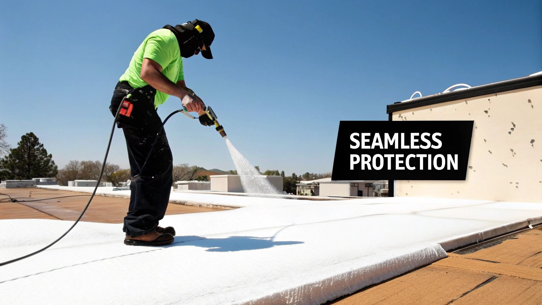 Construction worker applying white spray foam coating on commercial flat roof for waterproof protection
