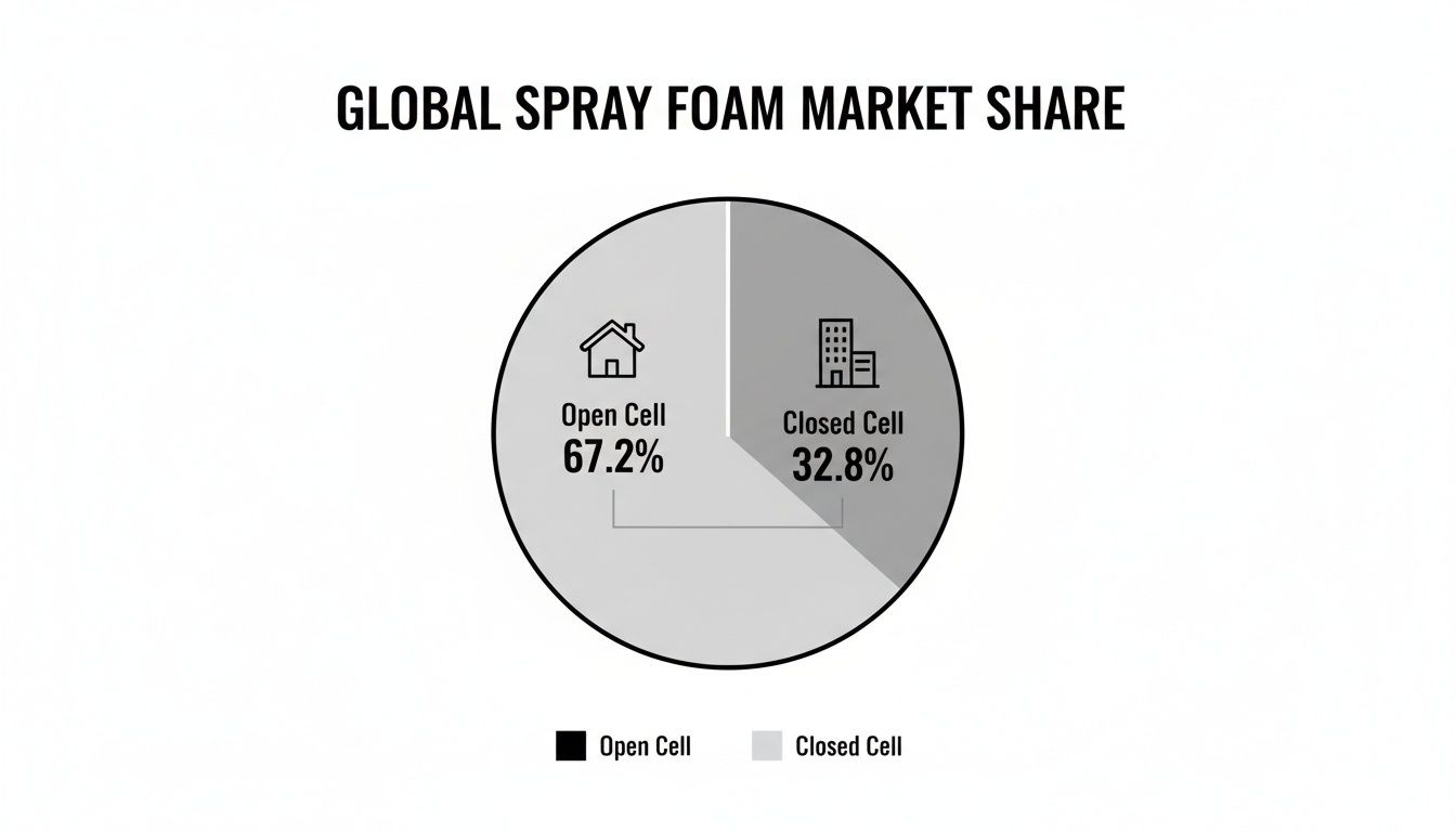 Pie chart showing global spray foam market share: Open Cell at 67.2% and Closed Cell at 32.8%.