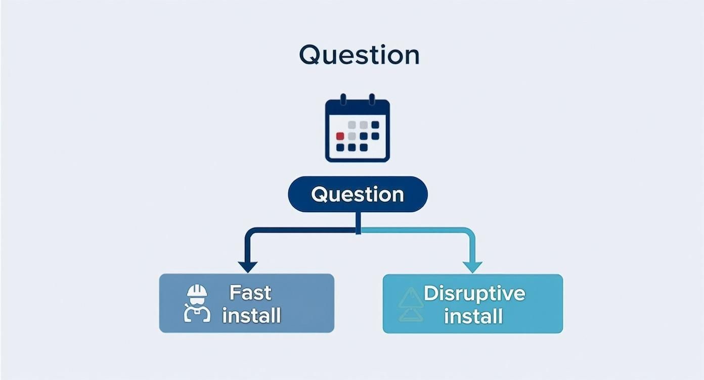 An infographic decision tree showing the choice between a fast installation (blown-in) and a more disruptive but thorough installation (spray foam).