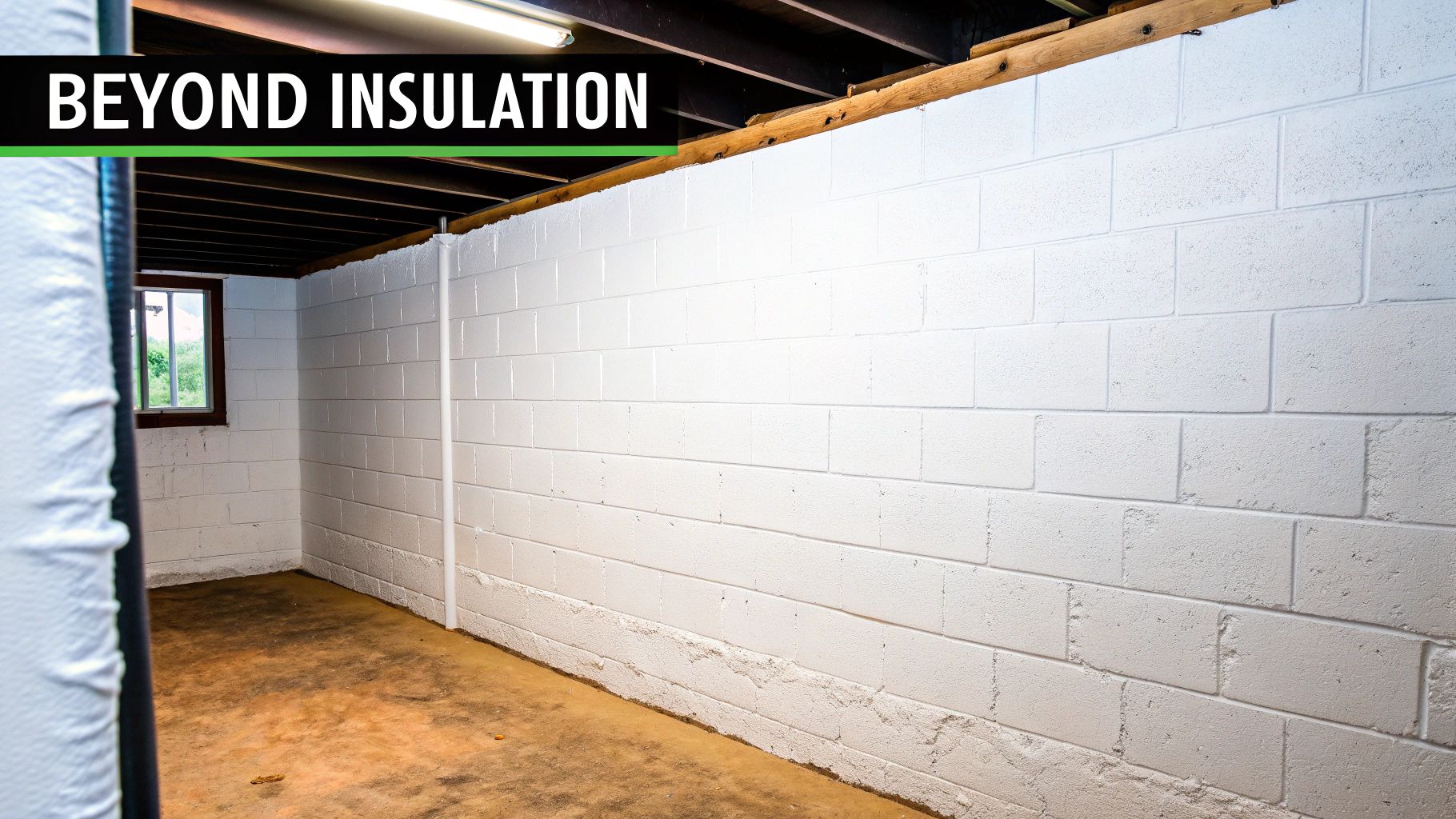A well-lit basement with white painted concrete block walls, a small window, and a brown floor.