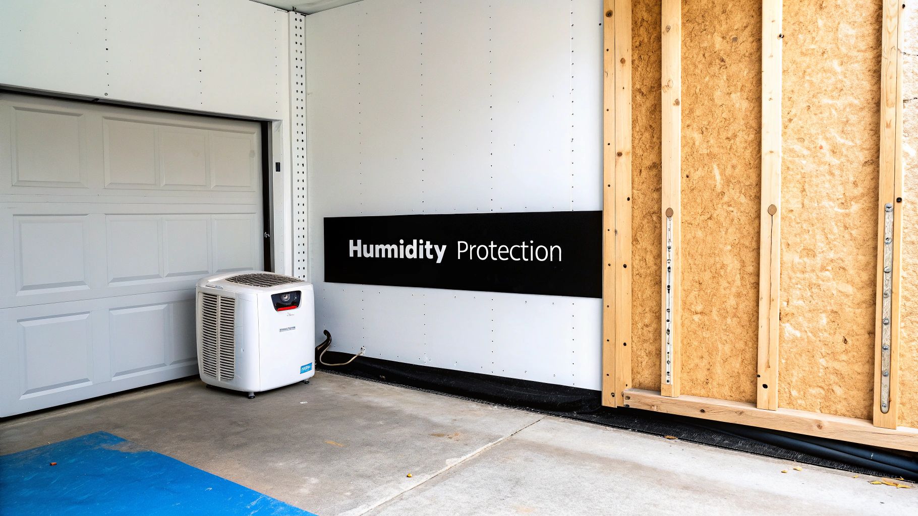 A garage interior with a white dehumidifier, 'Humidity Protection' sign, and exposed wall insulation.