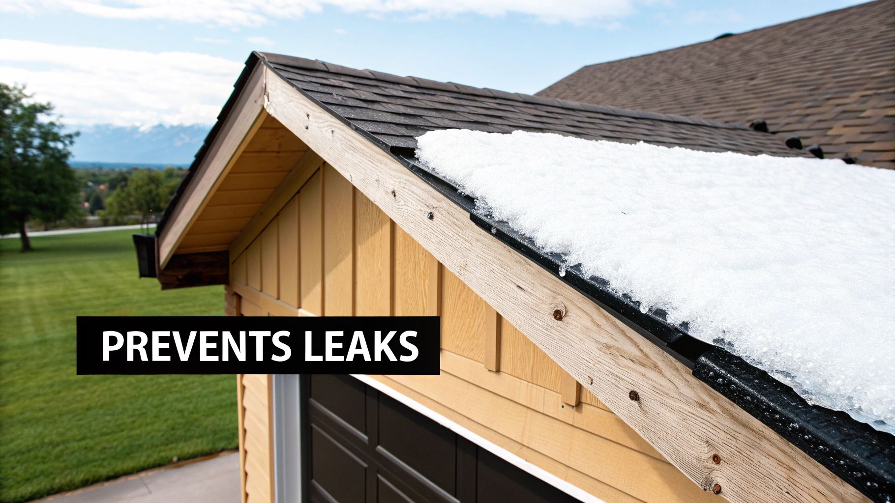 Close-up of a house roof with snow and a black gutter, displaying 'PREVENTS LEAKS'.