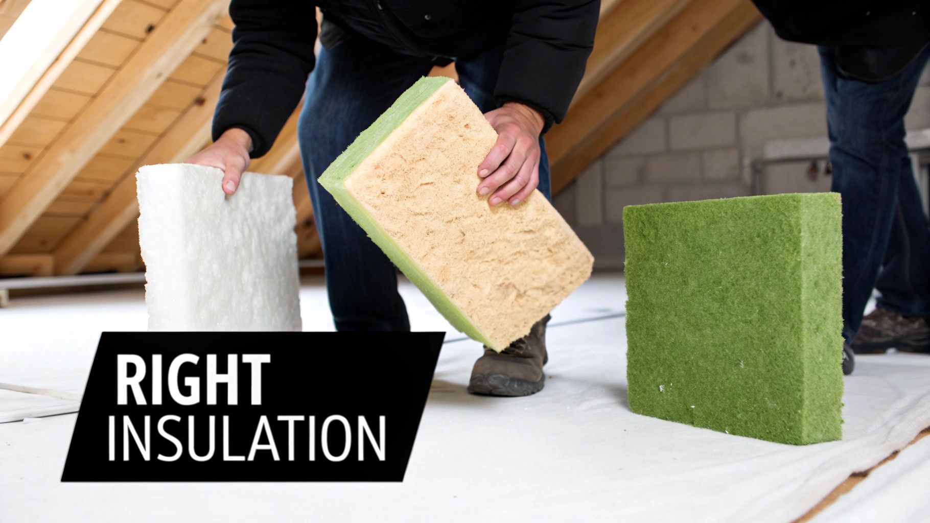 Person holding insulation materials comparing white fiberglass and green wool boards in attic space