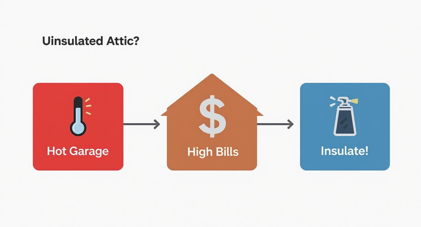 Flowchart depicting an uninsulated attic causing a hot garage and high bills, remedied by insulation.