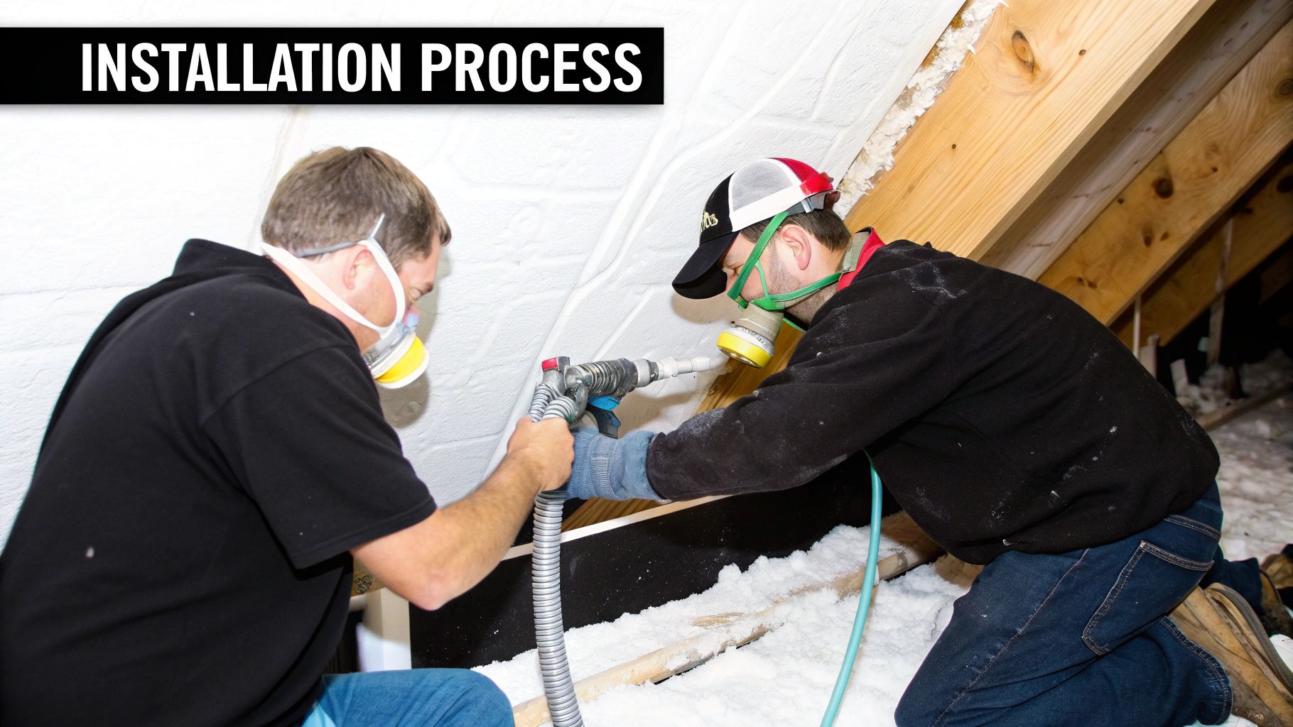 Two masked workers are blowing insulation into an attic space as part of an installation process.