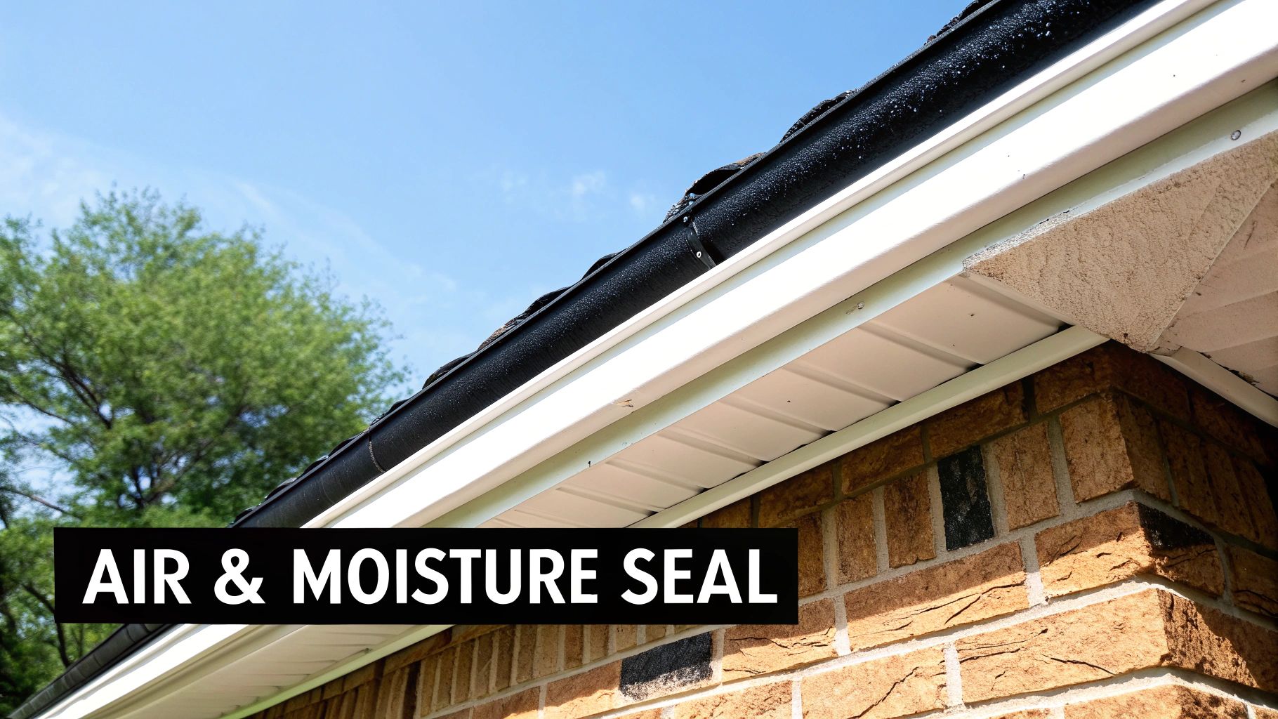 Close-up of a house's exterior featuring a black gutter, white soffit, and brick wall with 'AIR & MOISTURE SEAL' text.