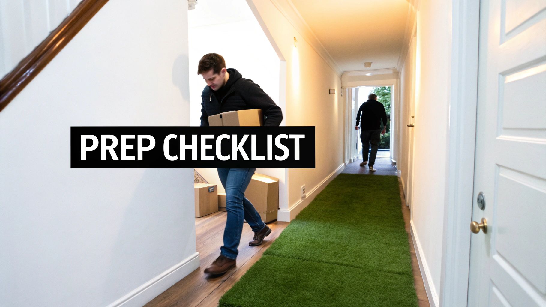 A person carries a moving box past a 'PREP CHECKLIST' overlay in a hallway with wooden floors. Another person walks down a long hallway with a green carpet runner.