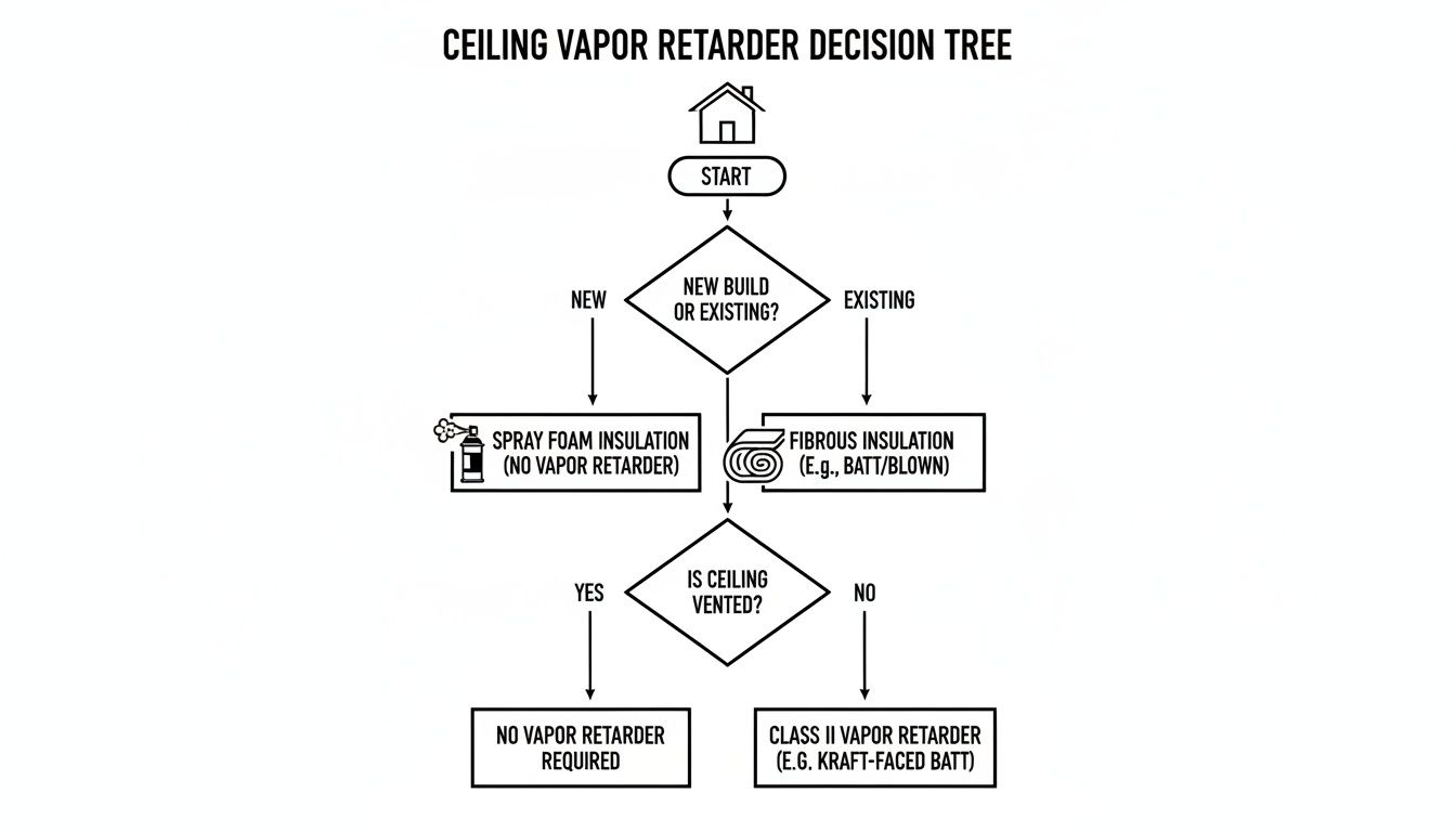 A ceiling vapor retarder decision tree diagram outlining requirements for new or existing builds.