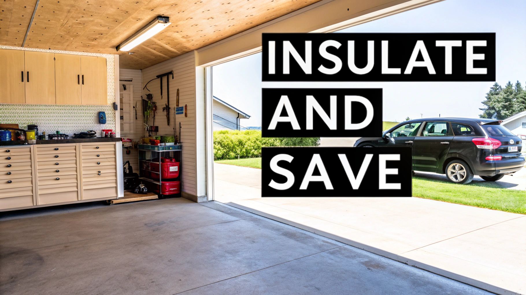 A garage with a workbench and tools, looking out to a driveway and a black SUV with text 'INSULATE AND SAVE'.