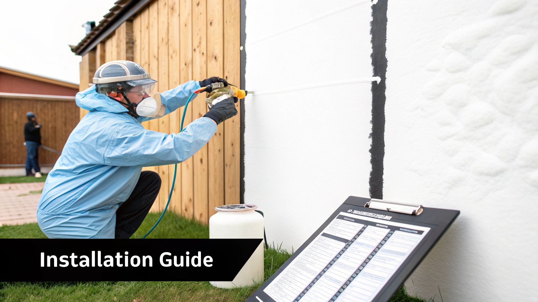 A person in protective gear sprays foam insulation onto a building wall, ensuring energy efficiency.