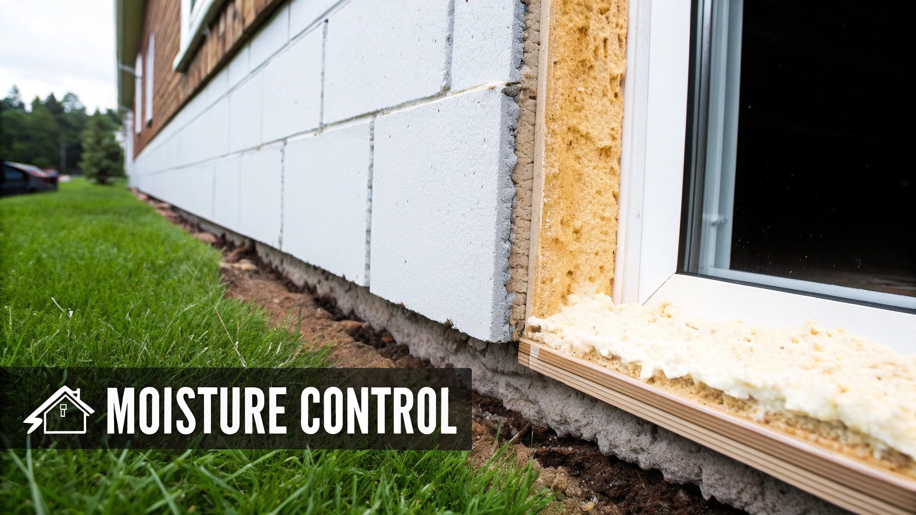 Exterior view of a house foundation wall showing spray foam insulation around a newly installed window, emphasizing moisture control.