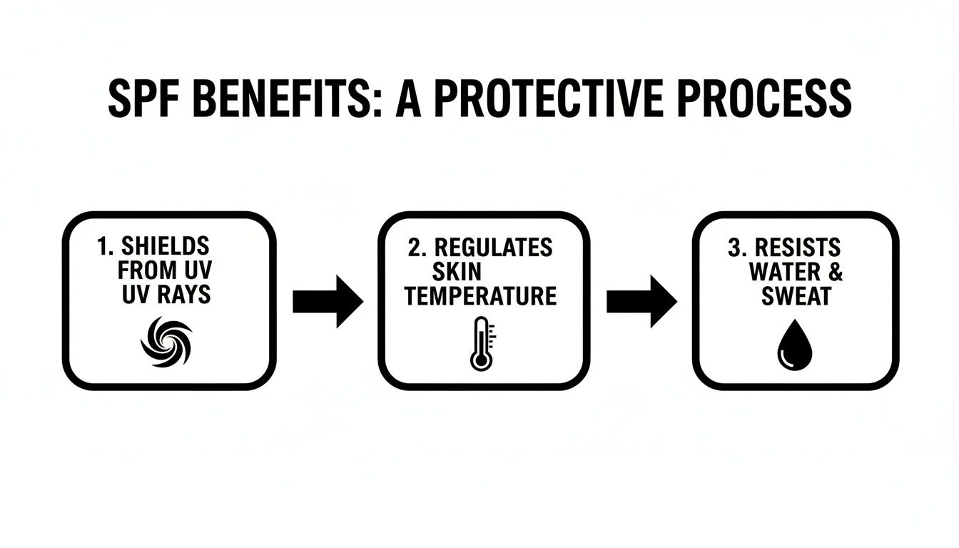 A Homeowner's Guide to Spray Polyurethane Roofing in Florida 4 Diagram illustrating SPF benefits: UV protection, skin temperature regulation, and water and sweat resistance.
