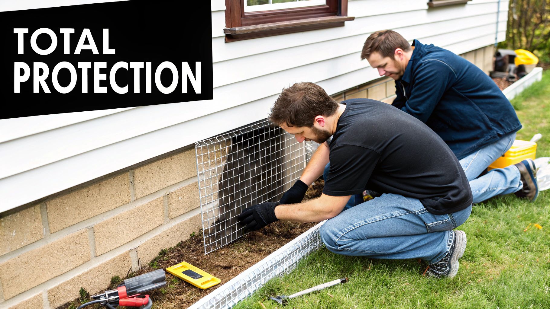 Two men installing a metal mesh barrier around a house foundation for pest protection.