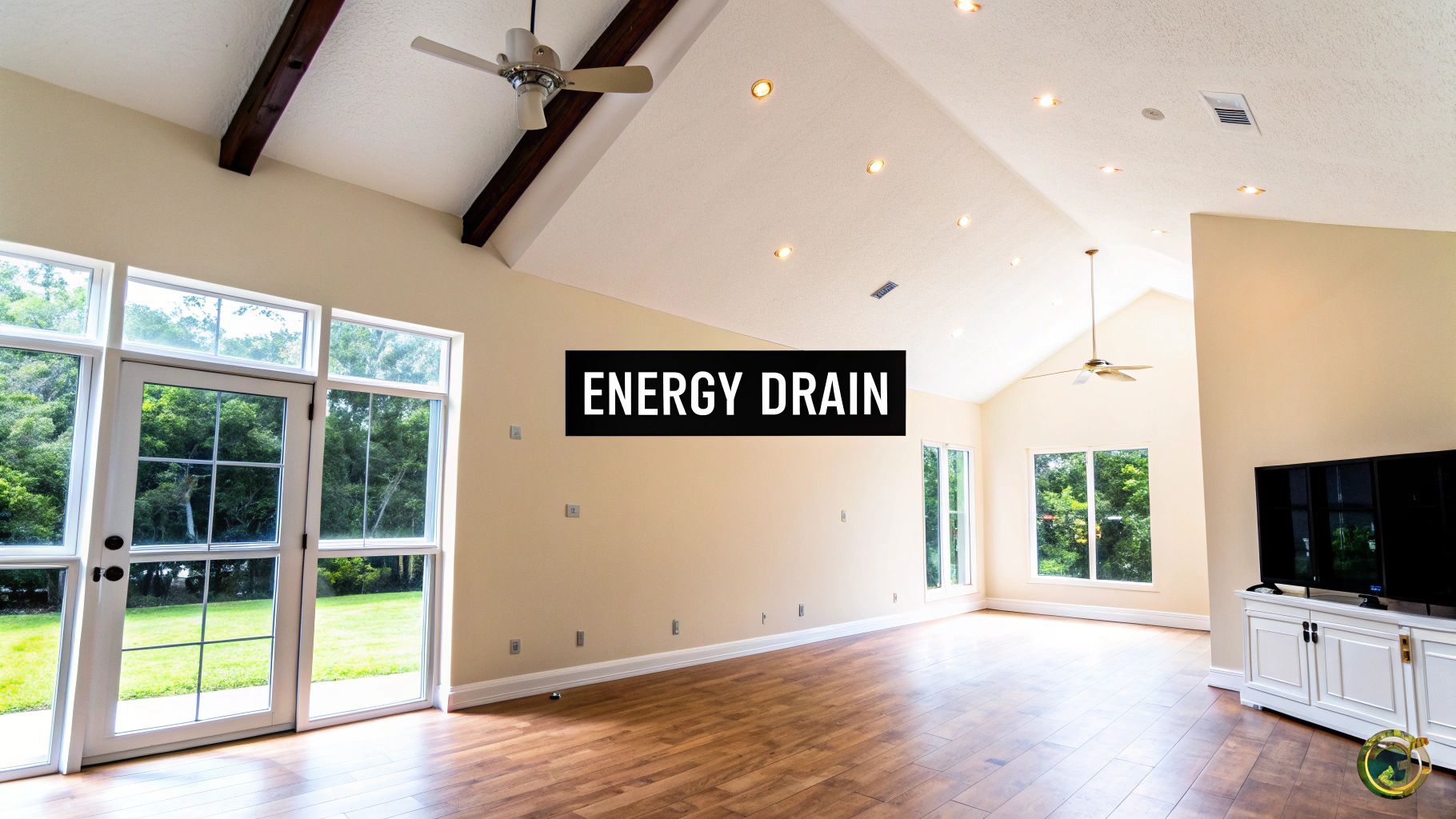 A spacious living room with a vaulted ceiling, ceiling fans, recessed lights, large windows, and hardwood floors.