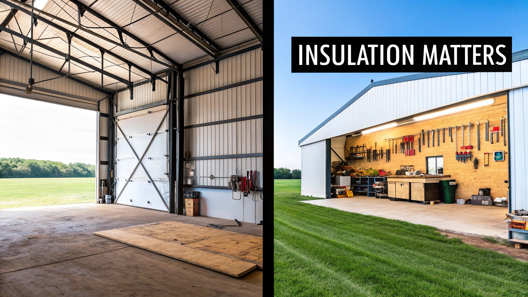 A split image contrasting an uninsulated metal garage interior with a bright, insulated, organized workshop, stating 'Insulation Matters'.