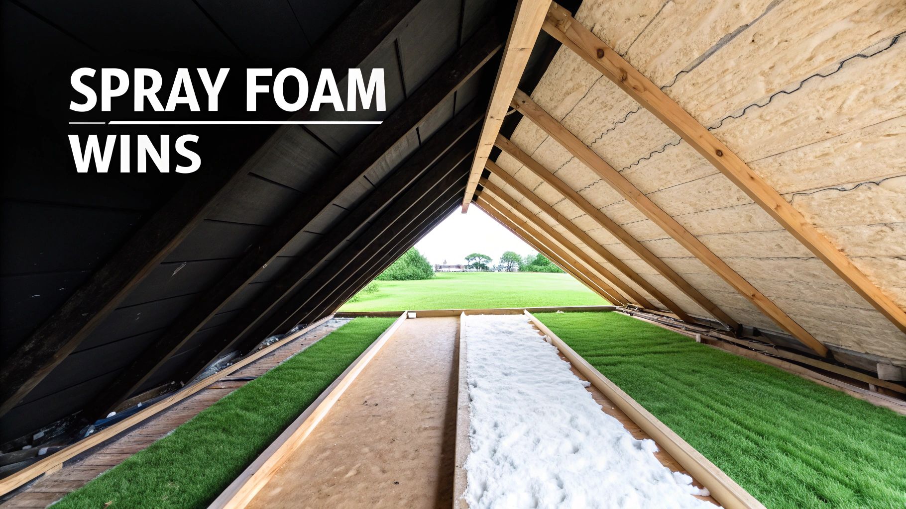 Attic view comparing dark spray foam insulation on the left with traditional batt insulation on the right.