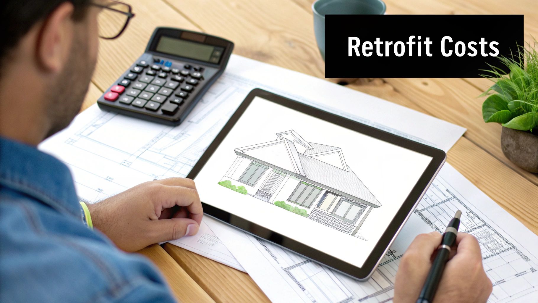A person reviews house plans and a tablet showing a house design, with a calculator and 'Retrofit Costs' text.