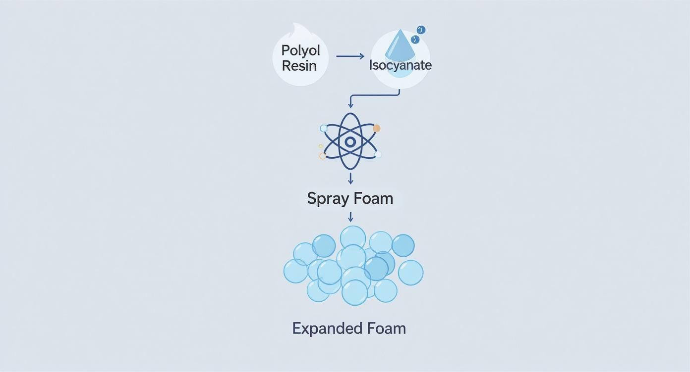 Diagram showing polyol resin and isocyanate combining to form spray foam, which then expands into insulation.