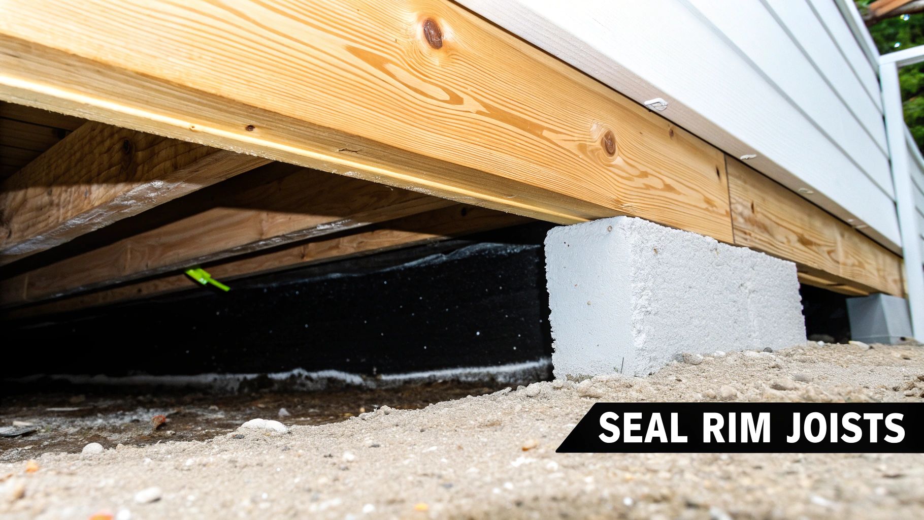 Close-up view of wooden rim joists, white house siding, and concrete foundation blocks over a crawl space.