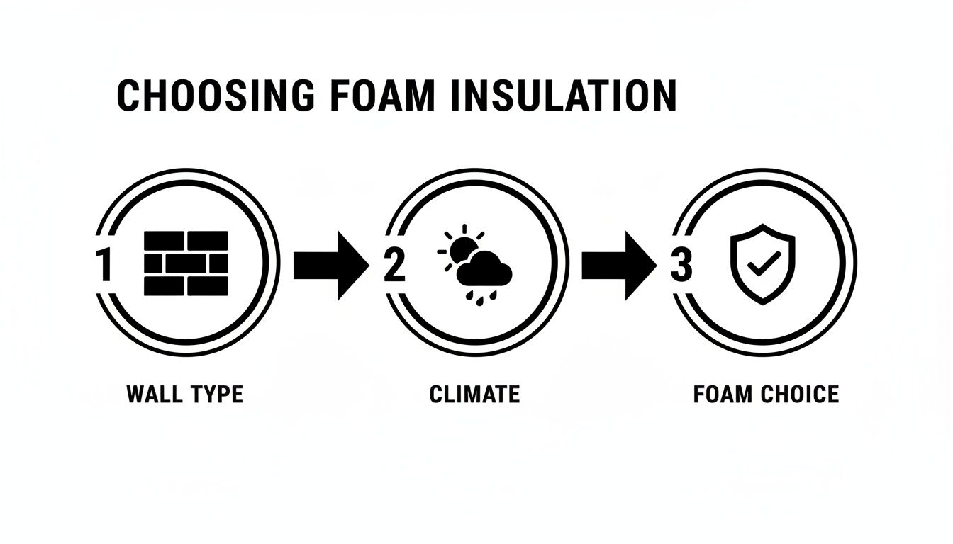 Diagram showing 3 steps to choose foam insulation: wall type, climate, and foam choice.