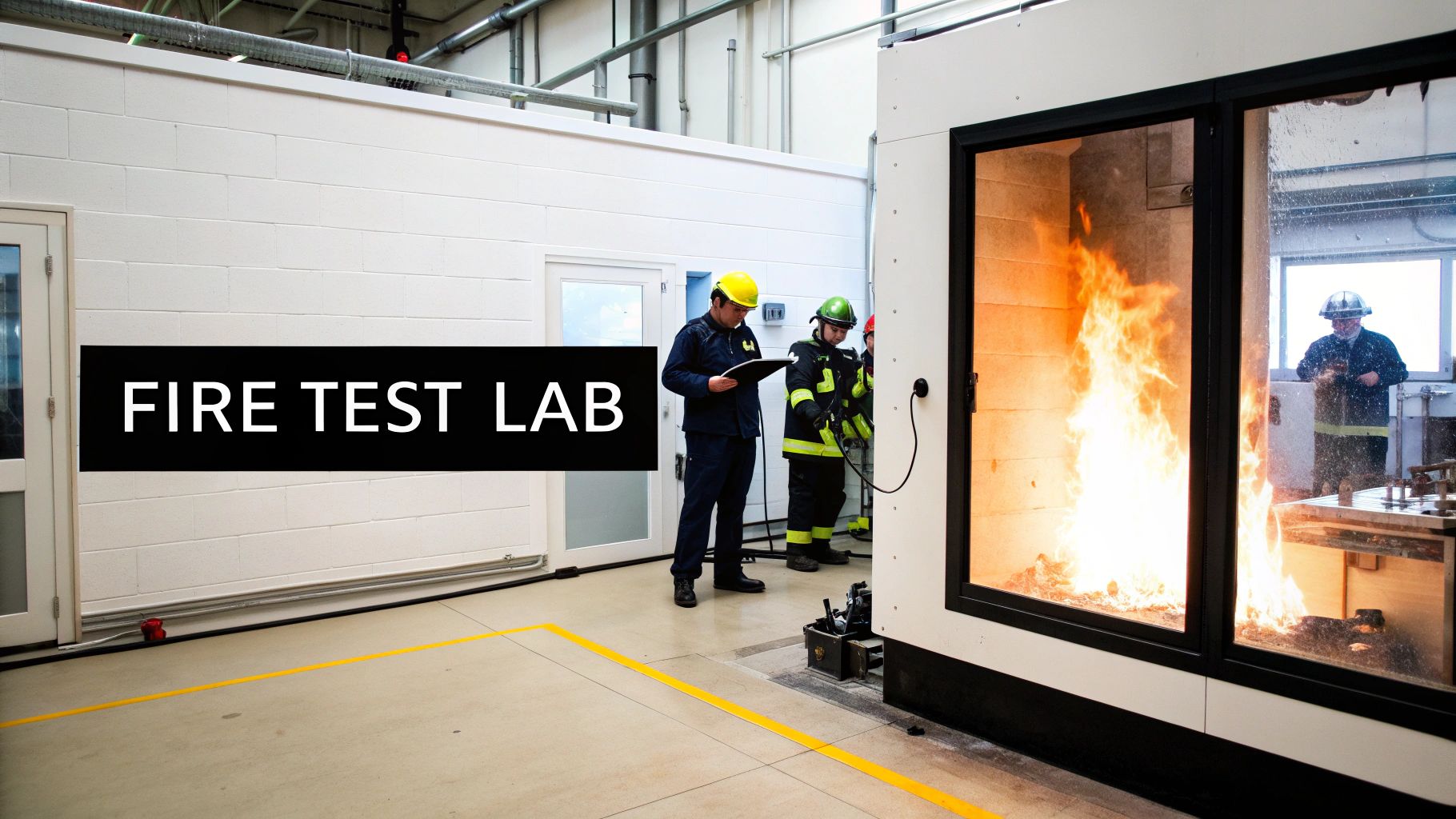 Scientists and firefighters observe a controlled fire test inside a lab chamber for safety research.