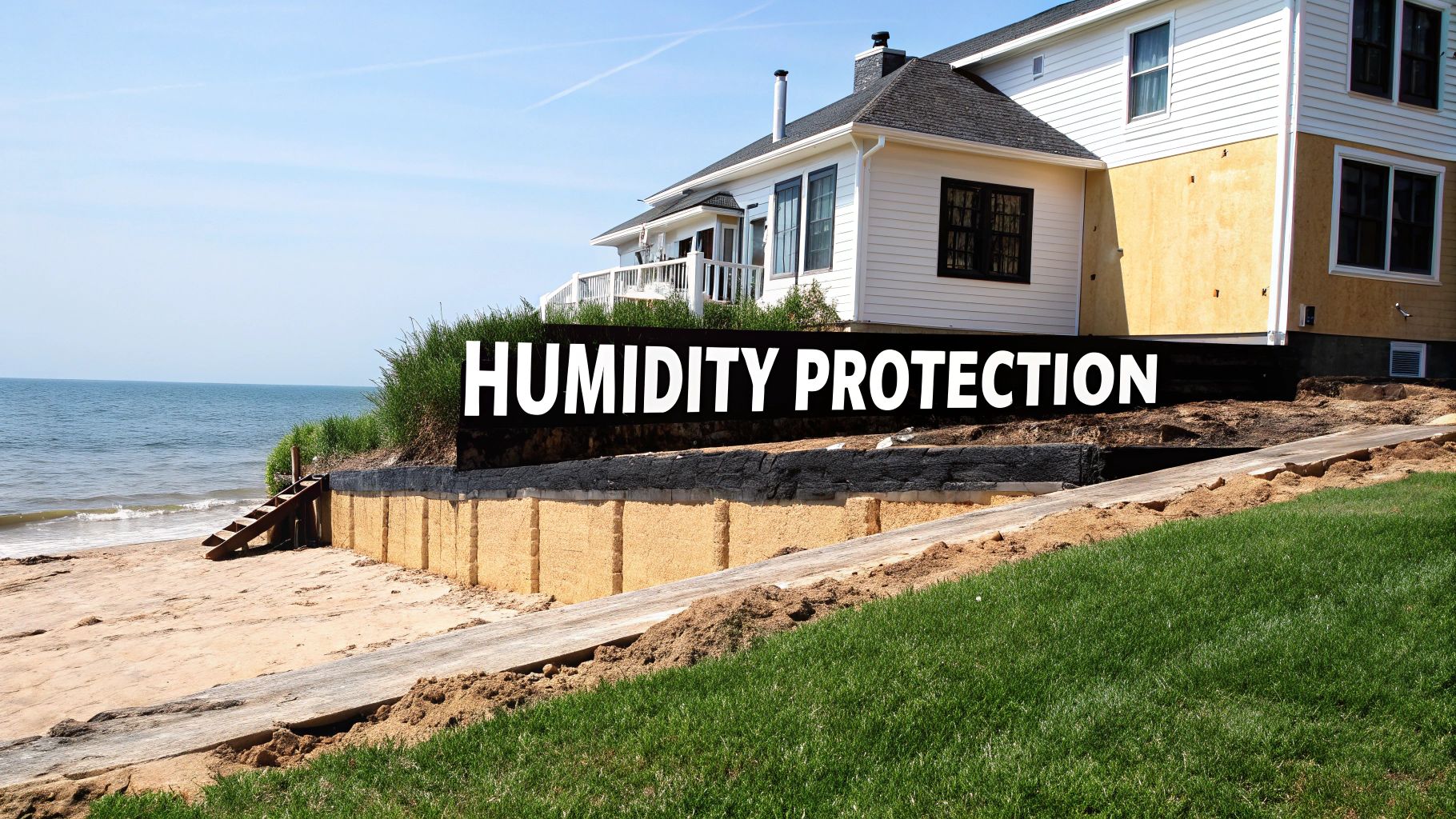 A beach house with a new retaining wall under construction, featuring 'HUMIDITY PROTECTION' text.