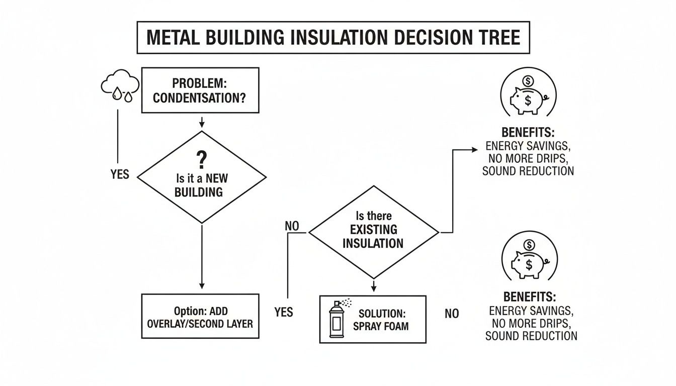 A decision tree flowchart explaining insulation options and benefits for metal buildings to prevent condensation.