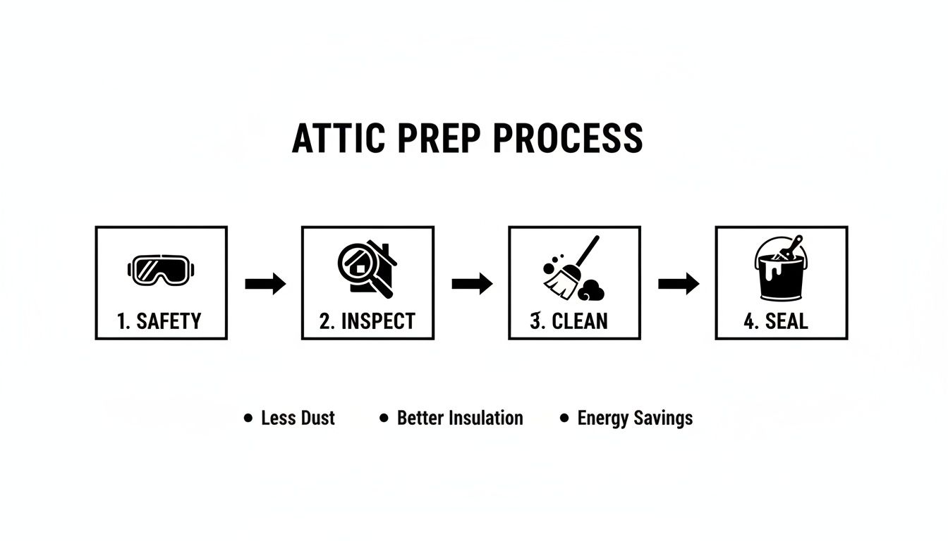 A visual guide illustrating the 4-step attic prep process: safety, inspect, clean, and seal. Benefits include less dust, better insulation, and energy savings.