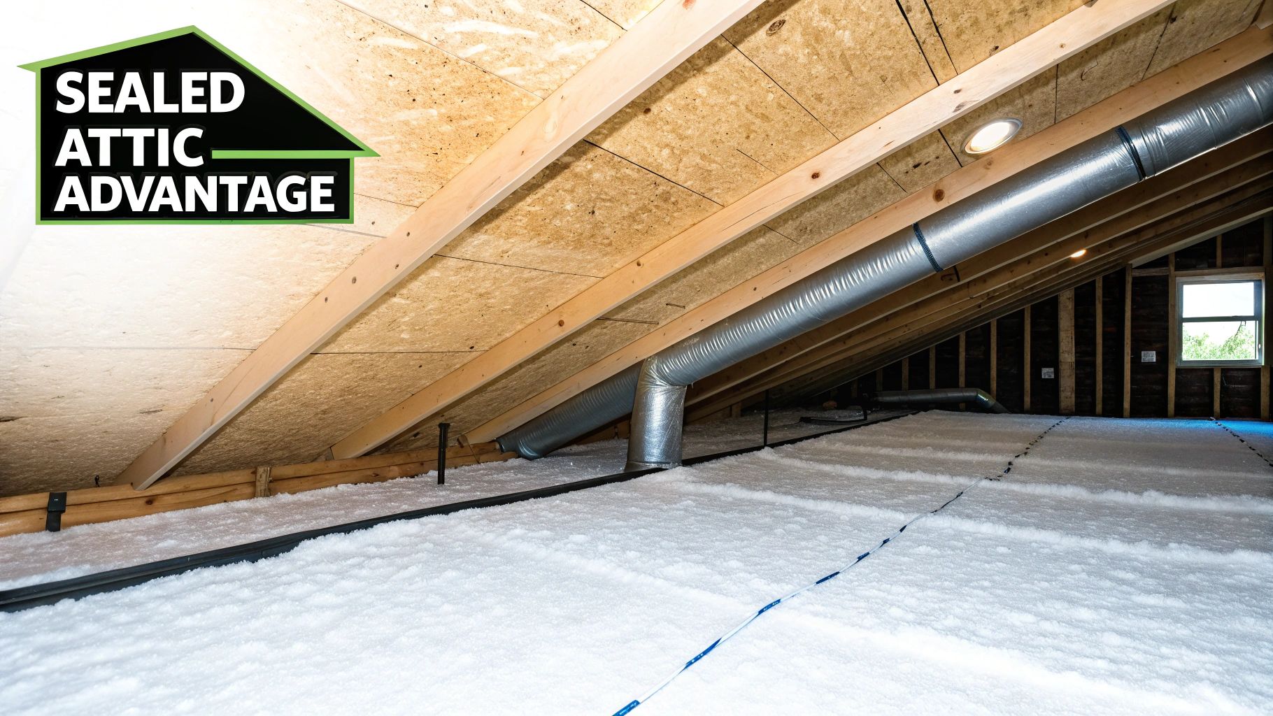 A clean attic space featuring fresh white insulation, exposed wooden rafters, HVAC ducts, and a 'Sealed Attic Advantage' logo.