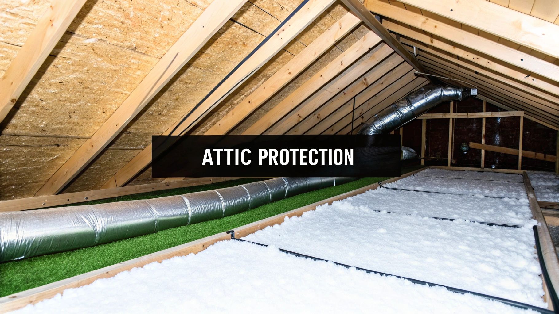 Attic insulation installation showing exposed rafters, fiberglass batts, and ventilation ductwork for home protection