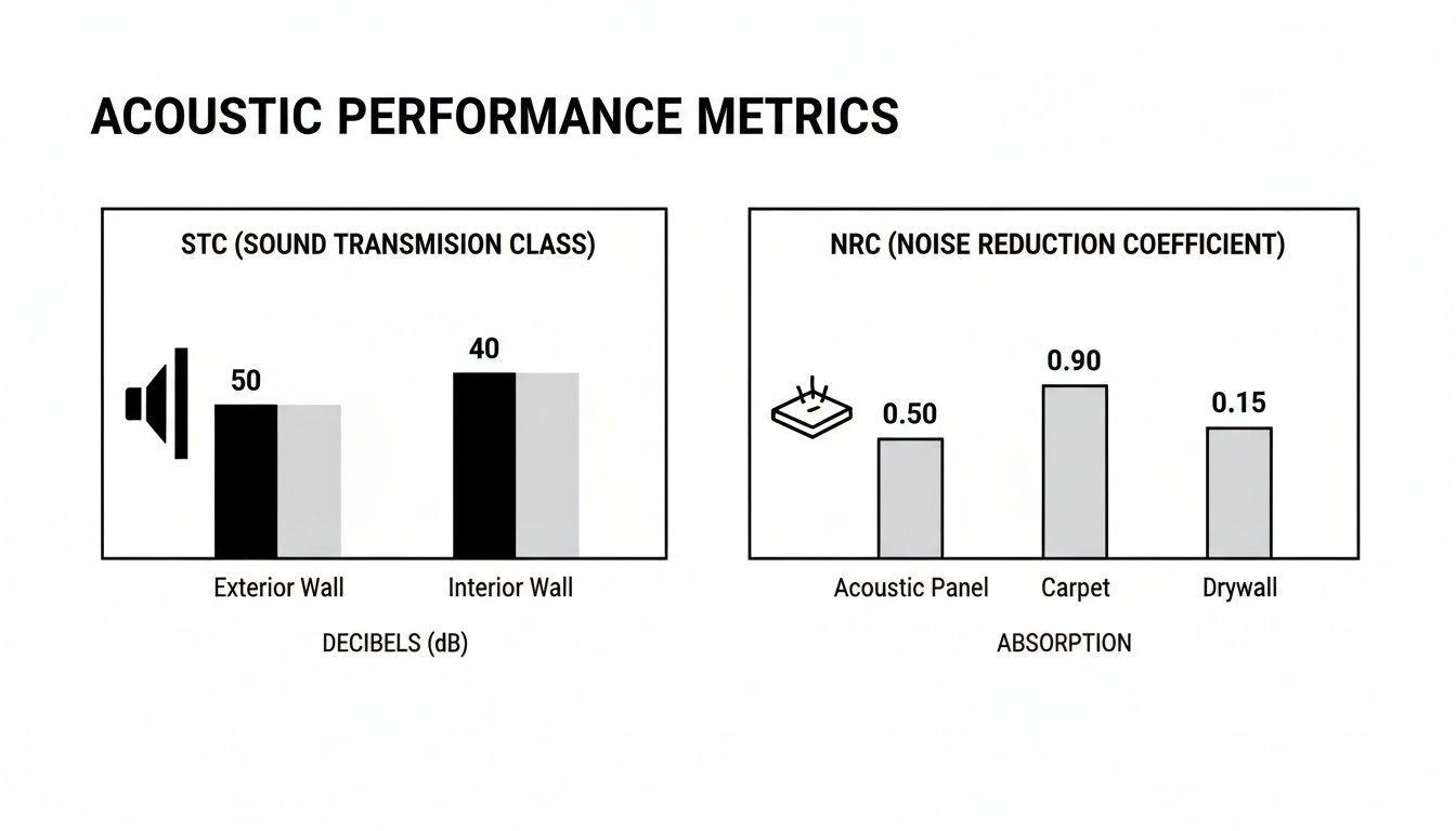 Acoustic performance metrics displayed in two bar charts for sound transmission and noise reduction.