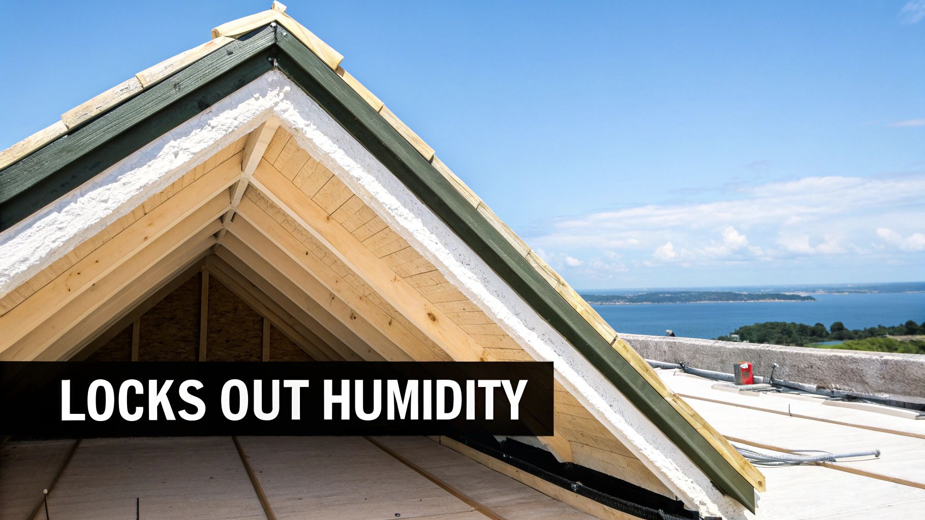Roof under construction with white spray foam insulation between wooden rafters under a blue sky.
