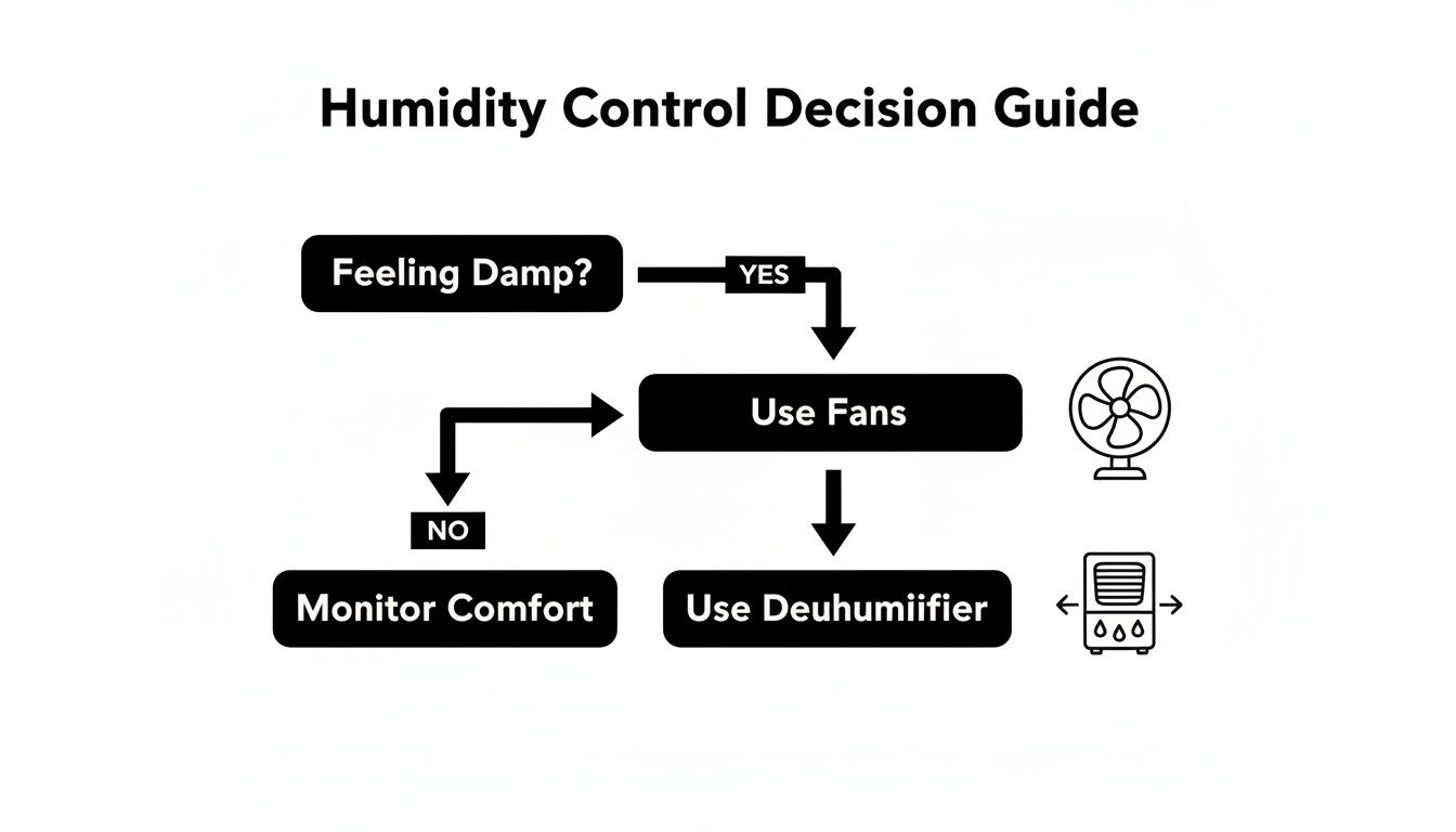 Flowchart illustrating humidity control decisions, guiding users to use fans or a dehumidifier if feeling damp.