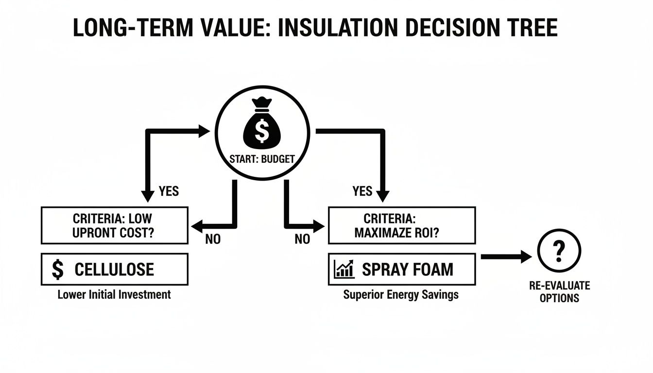 A decision tree comparing insulation options: Cellulose for low upfront cost, Spray Foam for maximizing ROI.