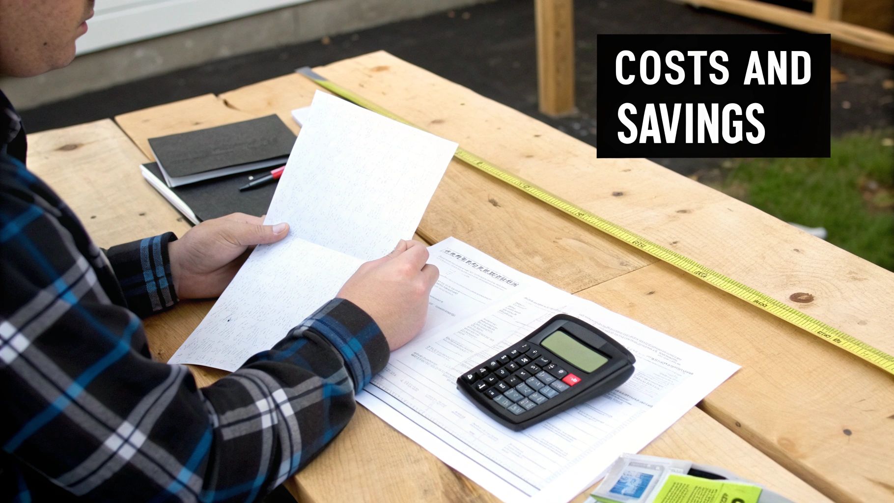 A person reviews documents and uses a calculator, with a measuring tape on a wooden table, for 'COSTS AND SAVINGS'.