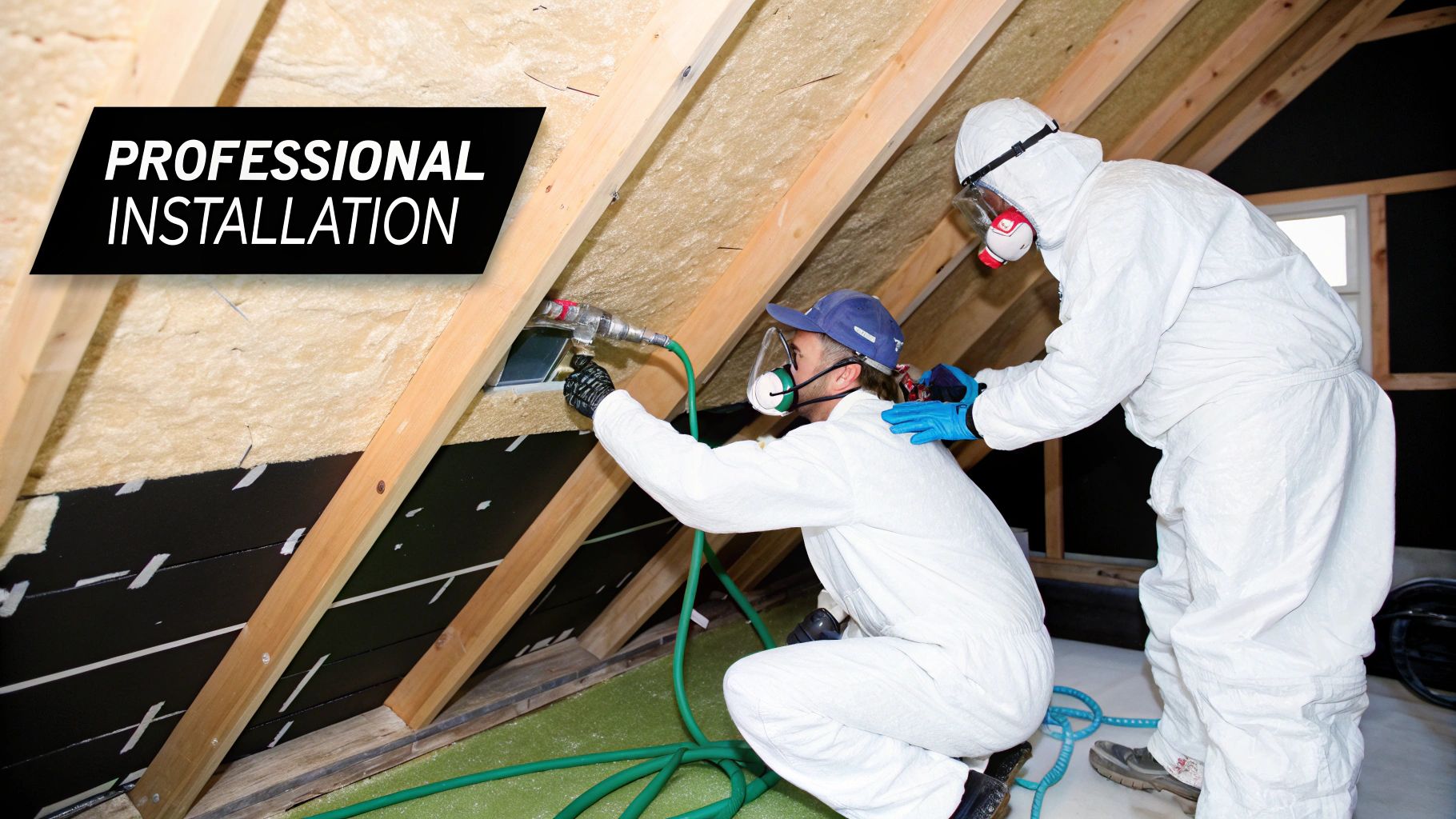 Two professional workers in full protective gear insulating an attic, ensuring efficient home energy solutions.