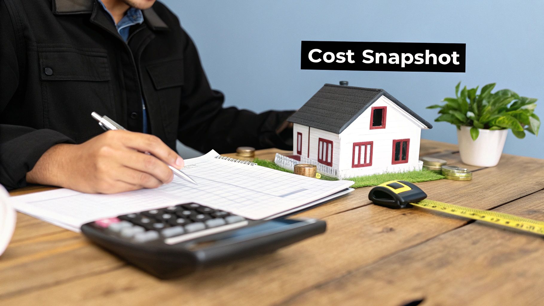 A person calculates house costs with a calculator, notebook, miniature house, and coins.