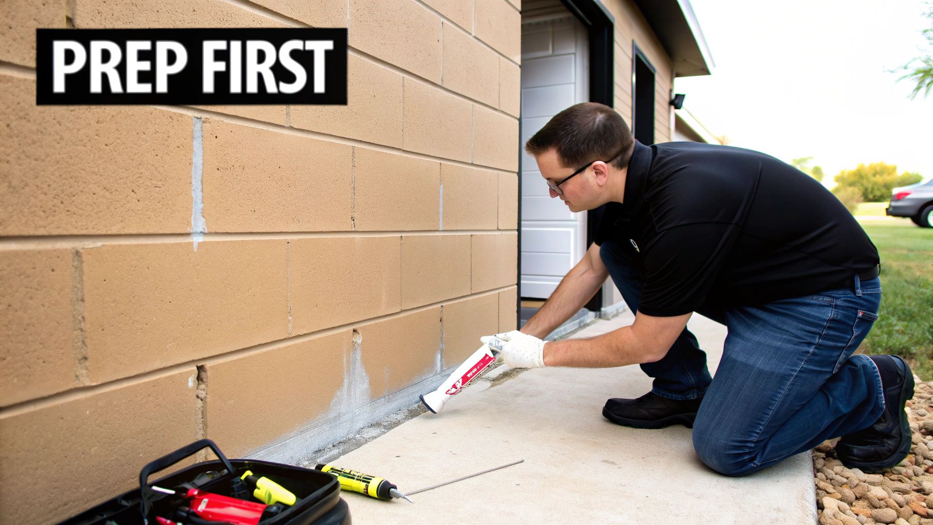 Man in gloves applying sealant to the base of a concrete block garage wall, with 'PREP FIRST' banner.