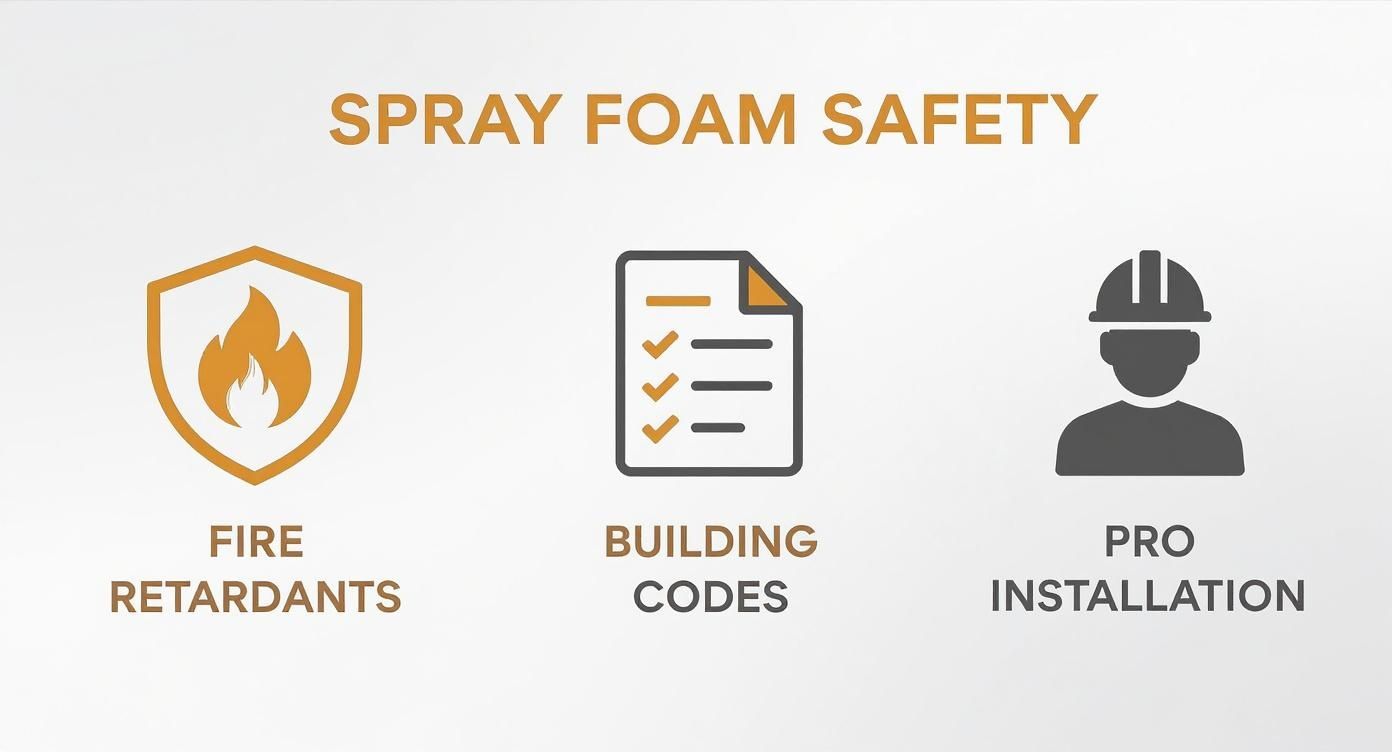 Spray foam safety infographic showing fire retardants, building codes compliance, and professional installation requirements