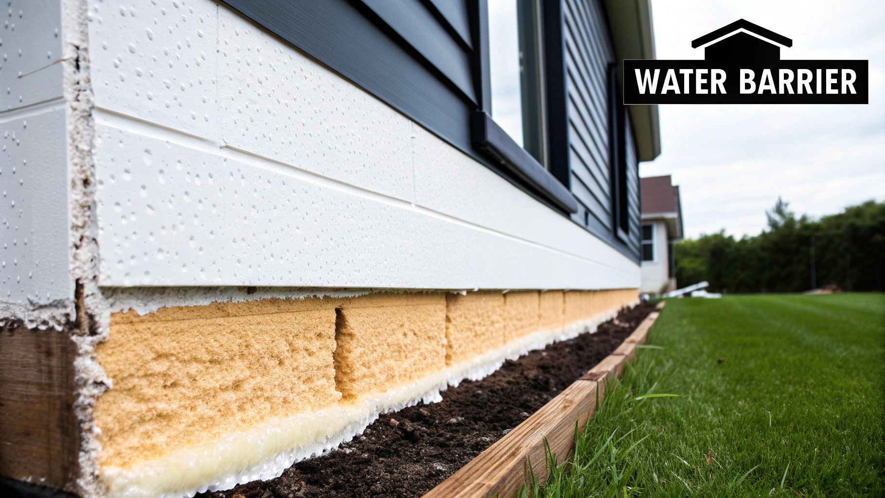 Protect Your Home with closed cell spray foam insulation waterproof 2 Exterior house wall with visible closed-cell spray foam insulation and a water barrier sign.