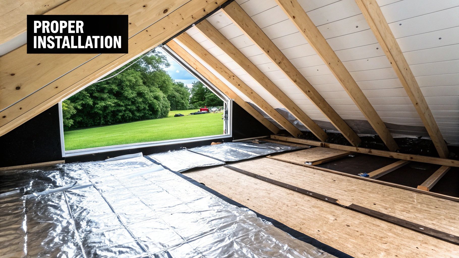 Attic under construction with reflective radiant barrier insulation on the floor and visible wooden framing. 'PROPER INSTALLATION' text is visible.