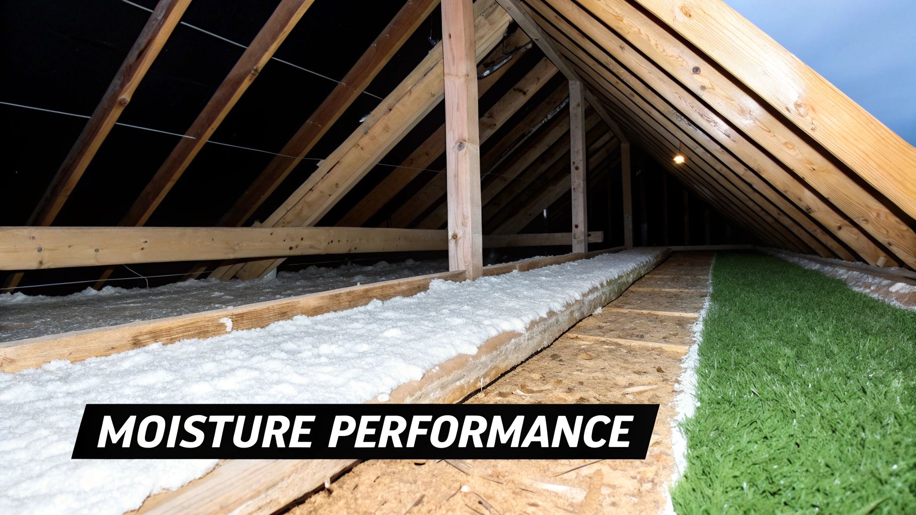 Attic space with wooden rafters, white insulation between joists, and a strip of green artificial turf.