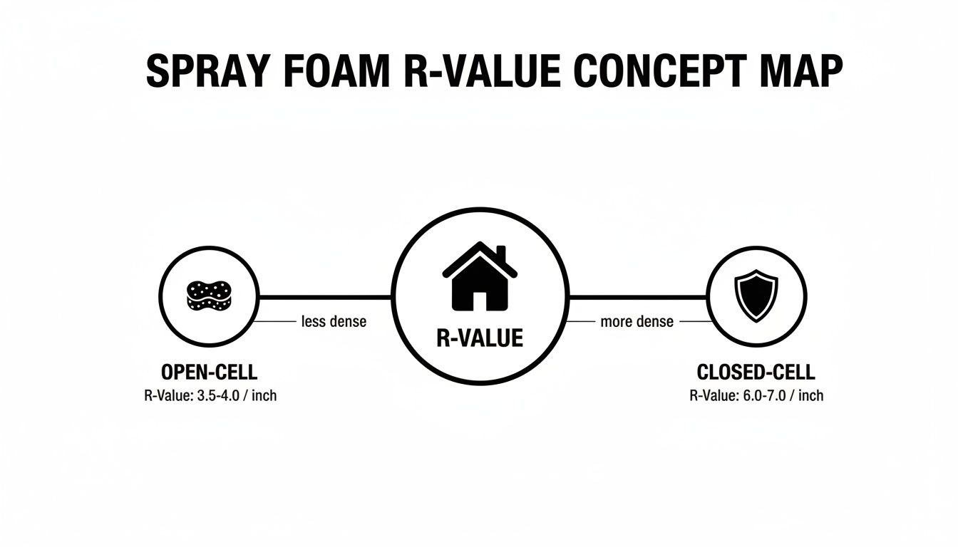 Concept map illustrating spray foam R-value, comparing open-cell (less dense) and closed-cell (more dense) insulation types and their respective R-values per inch.