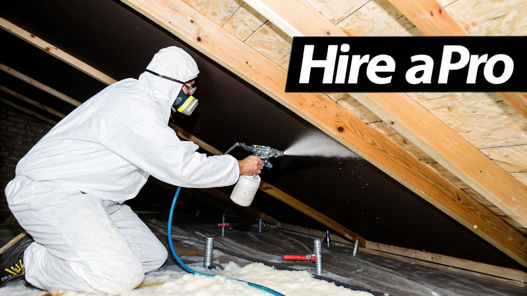 A professional in full protective gear carefully applies spray foam insulation to a wall cavity.