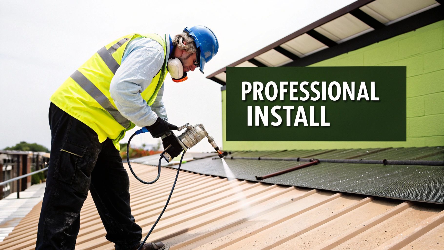 A professional worker in safety gear applies spray insulation onto a metal building roof.