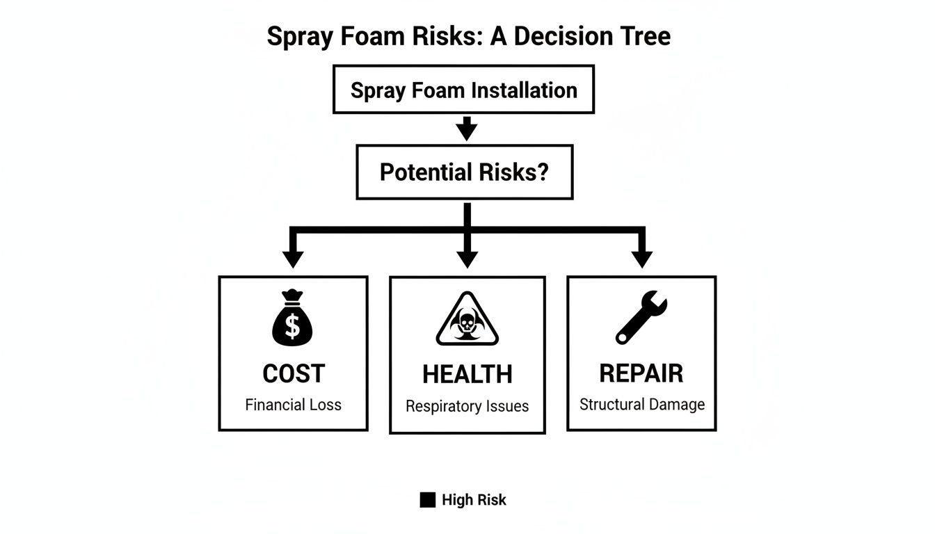 Decision tree outlining potential spray foam installation risks: cost, health, and repair concerns.