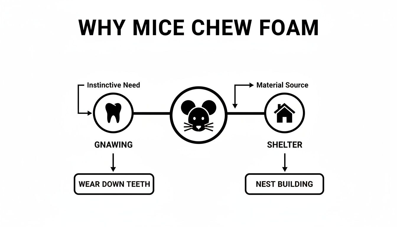 A flowchart illustrating why mice chew foam: instinctive gnawing to wear teeth and using material for nest building.