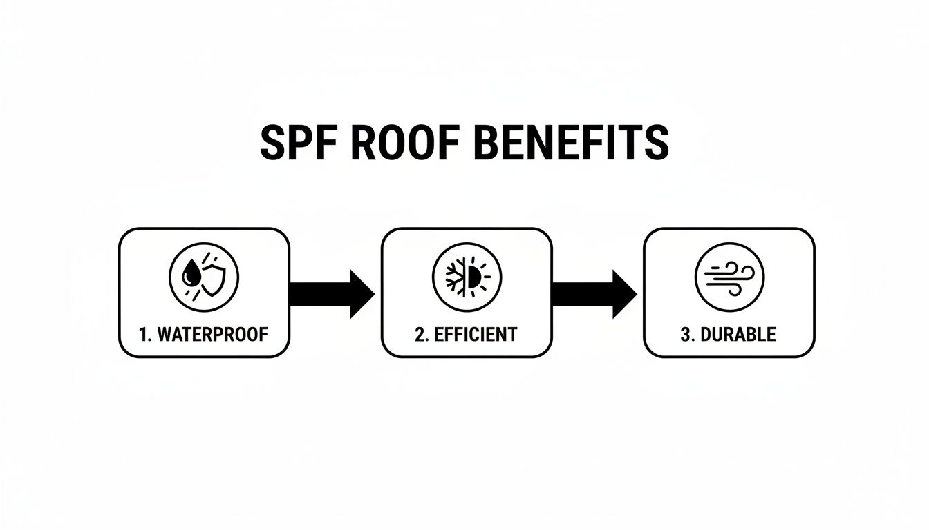 A diagram illustrating SPF roof benefits: 1. Waterproof, 2. Efficient, and 3. Durable.